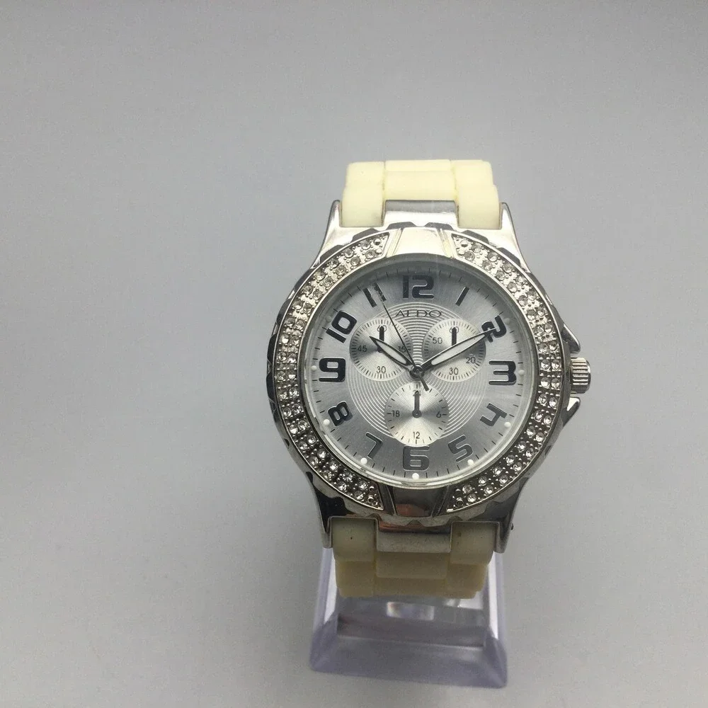 ALDO Womens Watch 41mm Silver Dial Crystals Beige Silicone New Battery 6.75